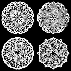 Lace round paper doily, lacy snowflake, greeting element,  template for cutting  plotter, round pattern, laser cut  template, doily to decorate the cake,  vector illustrations.