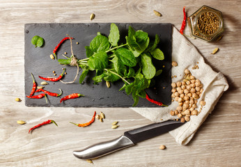 spices selection and chickpeas