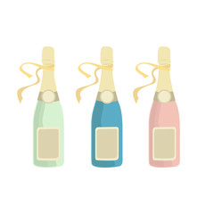 Champagne different colors. Set of different bottles. Vector illustration, isolated. White background.