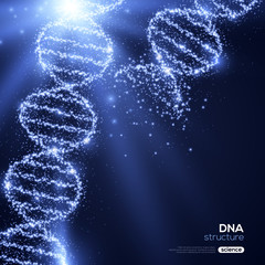 Shining DNA Spirals on Blue Background.