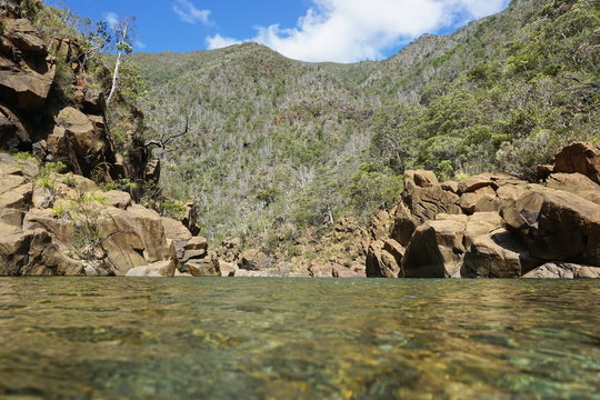 The river Dumbea in New Caledonia, seen from water surface, Grande Terre island
