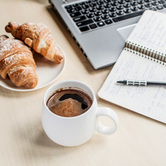 Working time, coffee break with croissant
