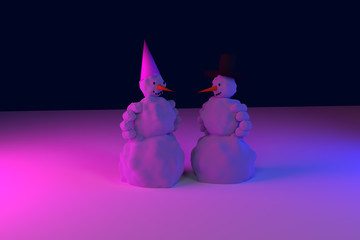 3D-Rendering eines Schneemanns und einer Schneefrau in rosa und hellblauem Licht
