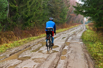A cyclist on a wet road in the autumn forest. Puddles in the forest after the rain.