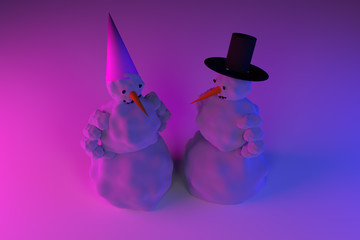3D-Rendering eines Schneemanns und einer Schneefrau in rosa und hellblauem Licht