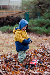 A child play with the radio control car outdoor