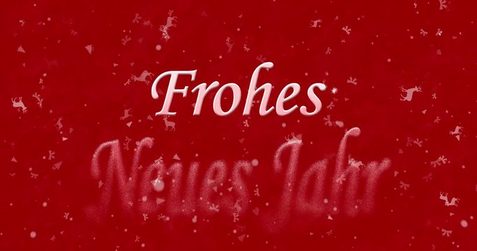 Happy New Year text in German "Frohes neues Jahr" formed from dust and turns to dust horizontally on red animated background
