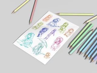 Foto auf Acrylglas Een tekening met potlood van portretten in diverse kleuren © emieldelange