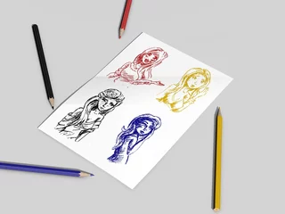 Tapeten Een tekening met potlood van portretten in primaire kleuren © emieldelange