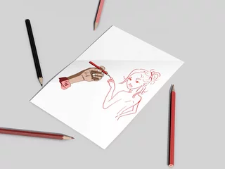 Foto auf Acrylglas Een tekening met potlood van een hand die een meisje tekent © emieldelange