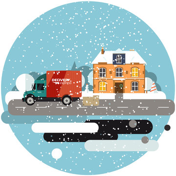 Delivery truck with cardboard boxes near house on background of winter landscape. Fast delivery banner, vector illustration. Commercial vehicle