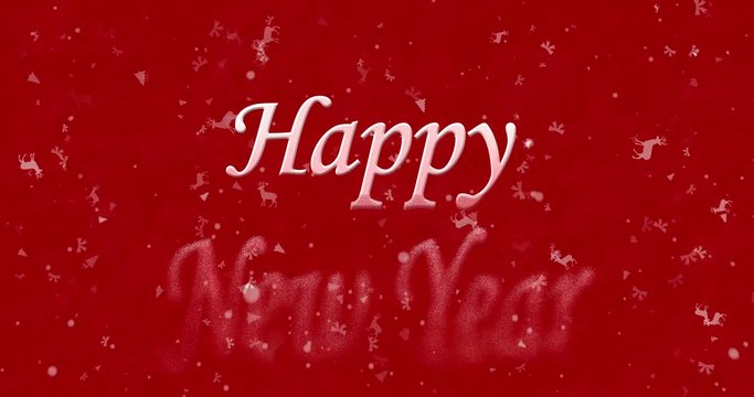 Happy New Year text formed from dust and turns to dust horizontally on red animated background
