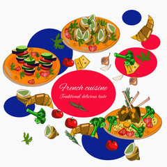 French cuisine top view frame. Food menu design. Vector drawn sketch illustration.