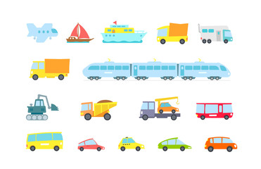 Set of transport. Variety machines, methods cargo and passengers. Original vector illustration. Children style.