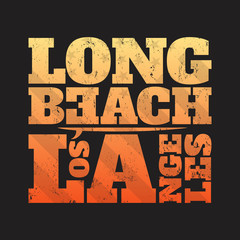 Long Beach tee print with surfboard. T-shirt design, graphics, stamp, label, typography.
