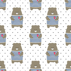 Cute bear seamless pattern on polka dots background. Cartoon parisian teddy bear vector illustration. Child drawing style animal background. Design for fabric, textile etc. - 129710521