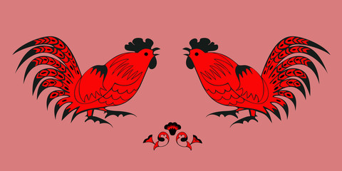 Fighting of roosters on a red background
