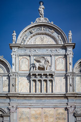 The sculptures on the facade of the Basilica dei Santi Giovanni e Paolo. Venice, Italy