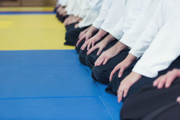 People in kimono and hakama sitting in a long line on martial arts training seminar. Selective focus