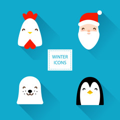 Set of winter icons with Christmas characters: rooster, Santa, sea calf and penguin. Flat design. Vector illustration.