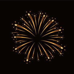 Firework gold isolated. Beautiful golden firework on black background. Bright decoration for Christmas card, Happy New Year celebration, anniversary, festival. Flat design Vector illustration