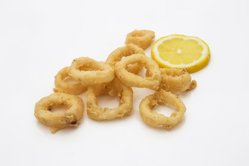 calamari a rondella fritti su fondale bianco