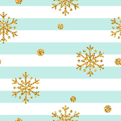 Fototapeta na wymiar Christmas gold snowflake seamless pattern. Golden glitter snowflakes on blue and white diagonal lines background. Winter snow texture wallpaper. Symbol holiday, New Year Vector illustration