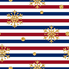 Christmas gold snowflake seamless pattern. Golden glitter snowflakes on blue and white diagonal lines background. Winter snow texture wallpaper. Symbol holiday, New Year Vector illustration