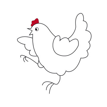 Funny cartoon squawking chicken on white background. Rooster sym