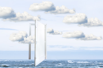 Surrealistic window open on calm ocean, window to freedom