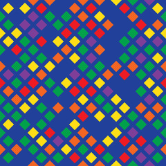 Cheerful seamless pattern of colored squares on a blue backgroun
