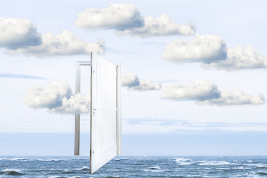Surrealistic window open on calm ocean, window to freedom