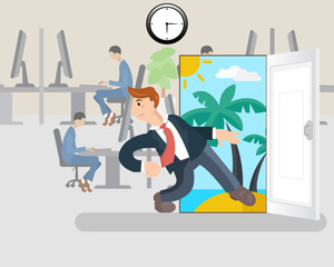 Businessman runs away from the office to the vacation. Business concept. The door leading to the island and the beach.