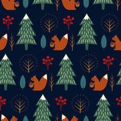 Squirrel in forest seamless pattern on dark blue background. Christmas scandinavian style nature illustration. Cute winter forest with animal design for textile, wallpaper, fabric. - 129713580