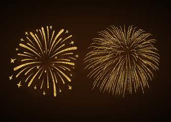 Fireworks set gold isolated. Beautiful golden fireworks on black background. Bright decoration Christmas card, Happy New Year celebration, anniversary, festival. Flat design Vector illustration