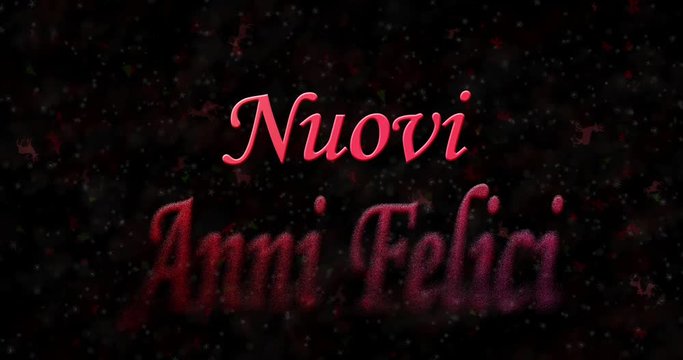 Happy New Year text in Italian "Nuovi anni felici" formed from dust and turns to dust horizontally on black animated background
