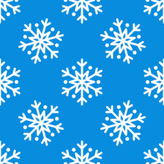 Snowflake simple seamless pattern. White snow on blue background. Abstract wallpaper, wrapping decoration. Symbol of winter, Merry Christmas holiday, Happy New Year celebration Vector illustration
