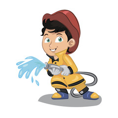 firefighter in red helmet with hose