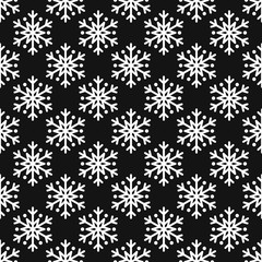 Snowflake simple seamless pattern. White snow on black background. Abstract wallpaper, wrapping decoration. Symbol of winter, Merry Christmas holiday, Happy New Year celebration Vector illustration