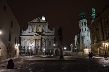 Kraków nocą w zimie/Cracow at winter night, Poland - obrazy, fototapety, plakaty
