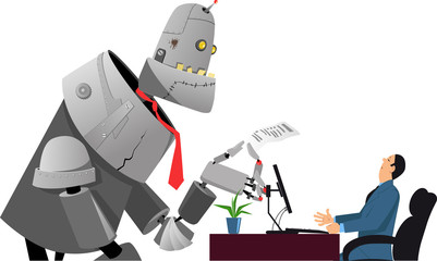 Giant robot holding a resume, having a job interview with a hiring manager, EPS 8 vector illustration, no transparencies