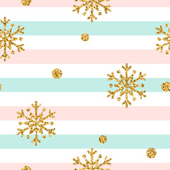 Christmas gold snowflake seamless pattern. Golden polka dots, snowflakes on blue, pink, white lines background. Winter snow design wallpaper. Symbol holiday New Year celebration Vector illustration © alona_s
