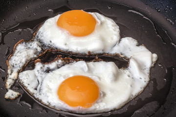 Close-up of Sunny Side Up Eggs Fried in Heavy Duty Frying Pan