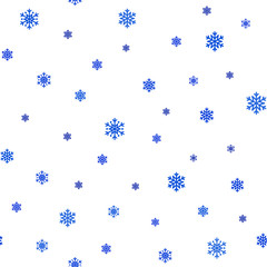 Snowflake simple seamless pattern. Blue snow on white background. Abstract wallpaper, wrapping decoration. Symbol of winter, Merry Christmas holiday, Happy New Year celebration Vector illustration