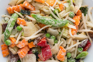 Frozen vegetables in a white plate.
