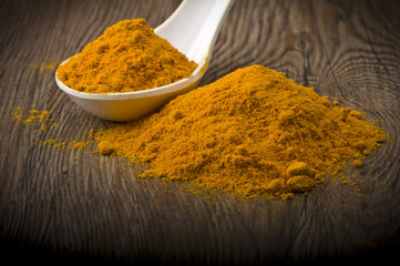 dust of ground turmeric on the wood background