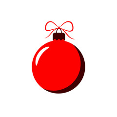 Christmas tree ball with bow. Red bauble decoration, isolated on white background. Symbol of Happy New Year, Xmas holiday celebration, winter. Flat design for card. Vector illustration