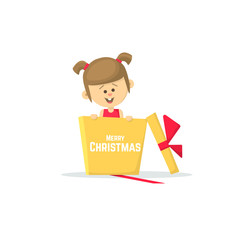 Merry Christmas. Girl in a gift box. Flat vector illustration.