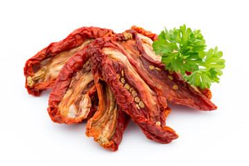Dried tomatoes isolated on white background.