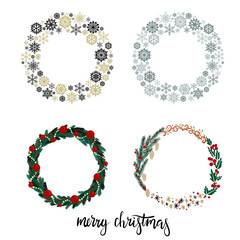 Set of Christmas Wreath with Hand Lettering Inscription Merry Christmas. Isolated on White Background. Vector Illustration. Modern Calligraphy